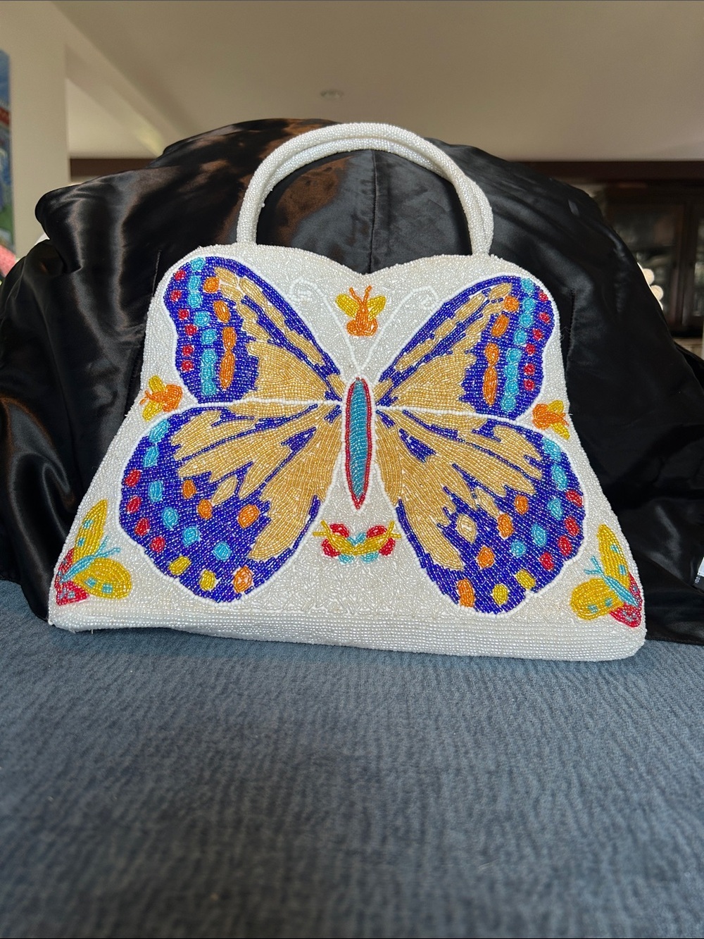 Beaded Butterfly Handbag in White with Multicolor Accent
